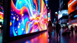 A photograph of a vibrant led display in a bustling urban environment