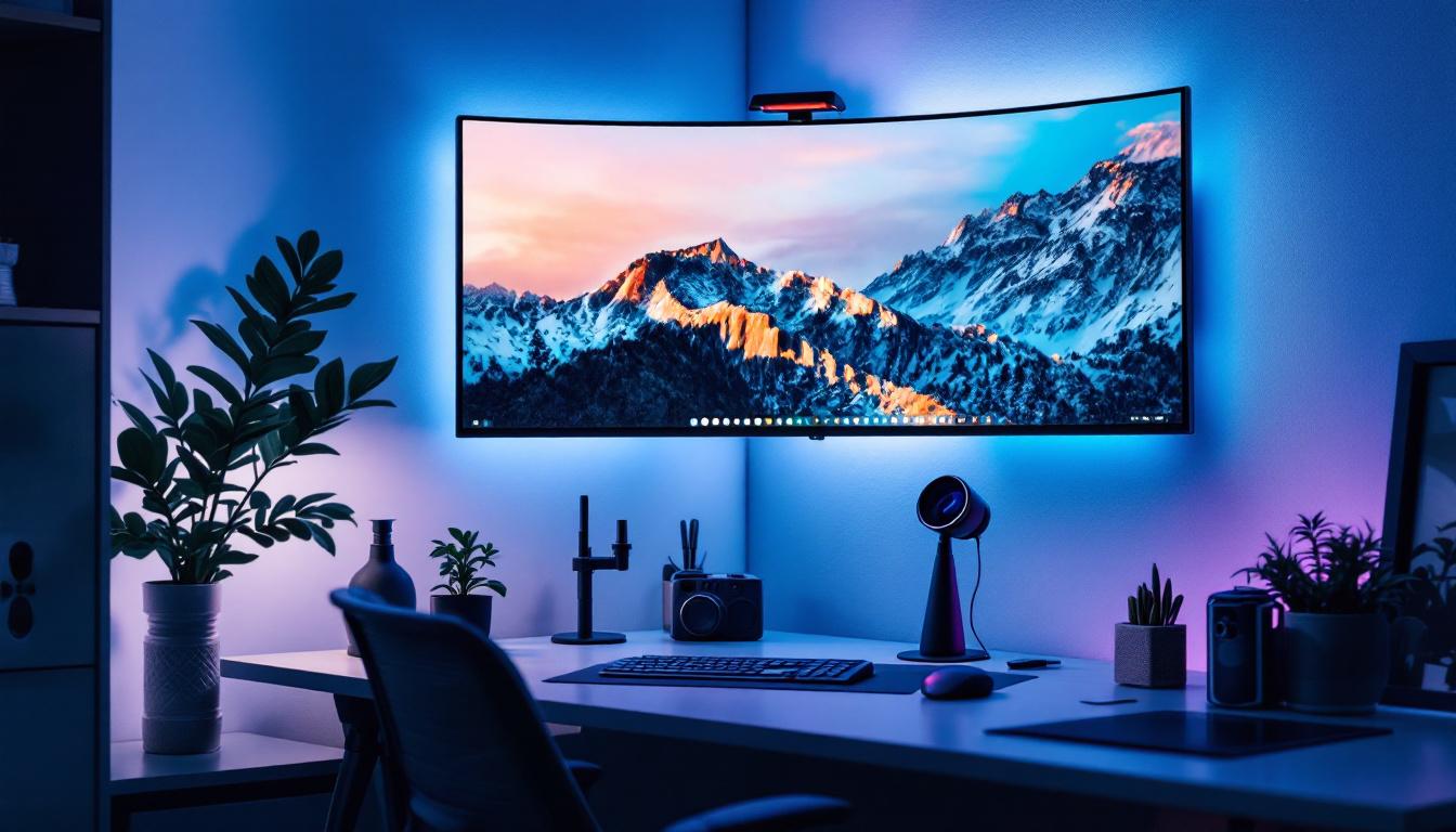 A photograph of a sleek corner desk wall mount setup featuring a modern led display