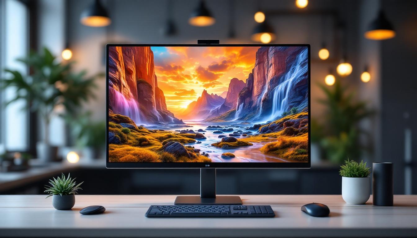 A photograph of a sleek led video monitor displaying vibrant