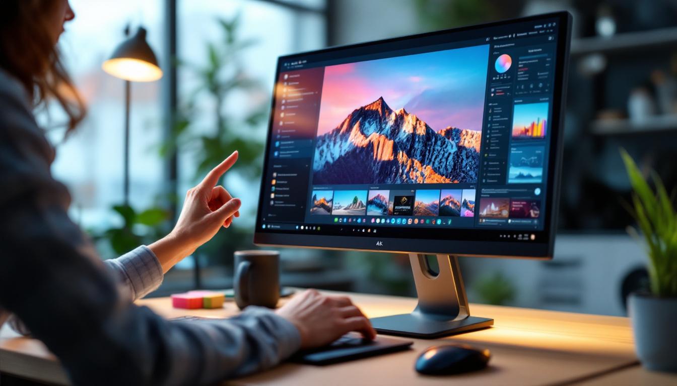 A photograph of capture a photograph of a sleek 4k touch screen computer monitor displaying vibrant