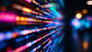 A photograph of a close-up shot of a vibrant led display in a dimly lit environment