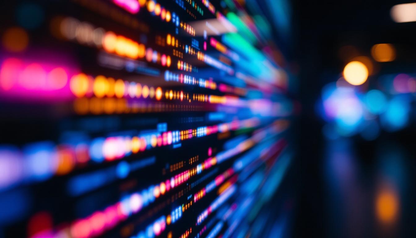 A photograph of a close-up shot of a vibrant led display in a dimly lit environment
