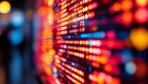 A photograph of a close-up shot of a high-resolution led display showcasing vibrant colors and dynamic content