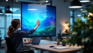 A photograph of a modern workspace featuring a privacy screen with an led display