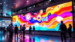 A photograph of a vibrant led display board in a bustling public space