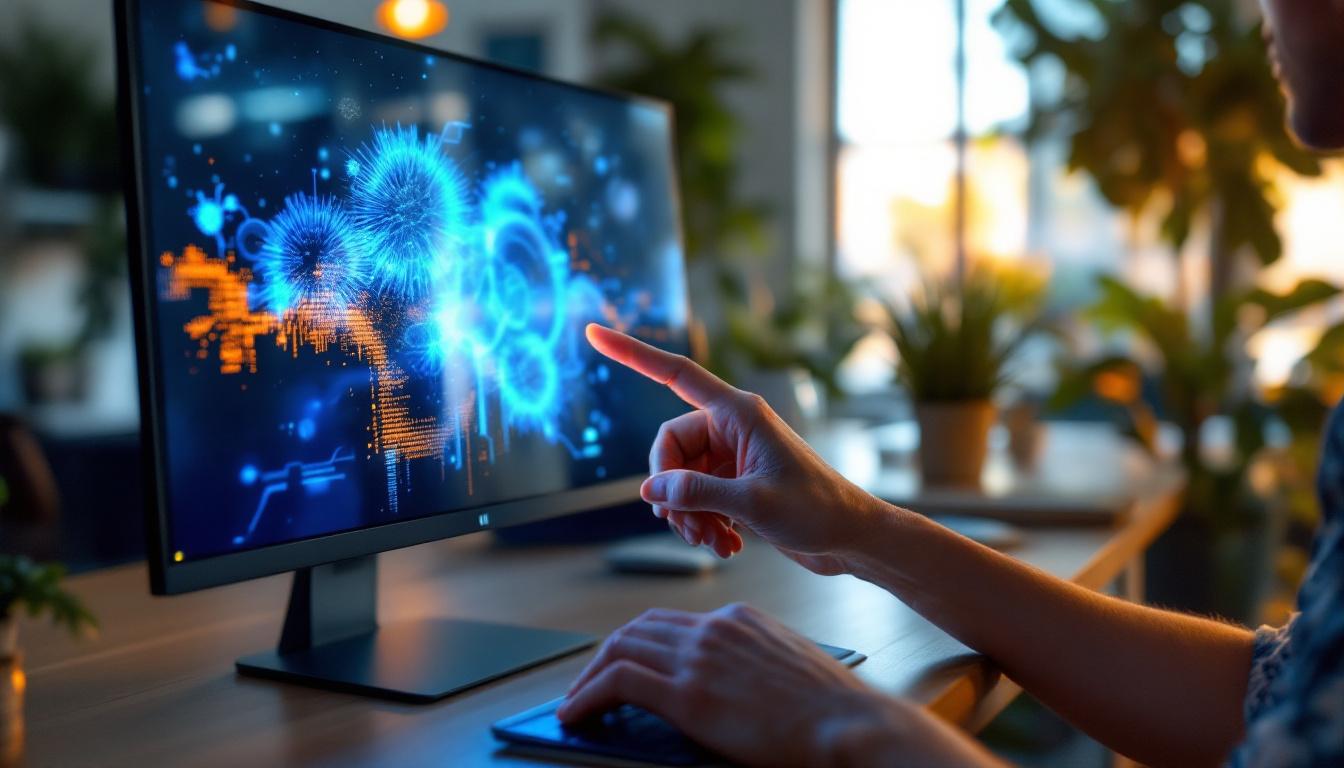 A photograph of capture a photograph of a sleek hp touch screen monitor in a modern workspace setting