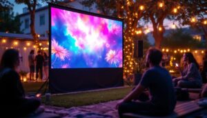 A photograph of capture a photograph of a portable projection screen set up in an outdoor or versatile indoor environment