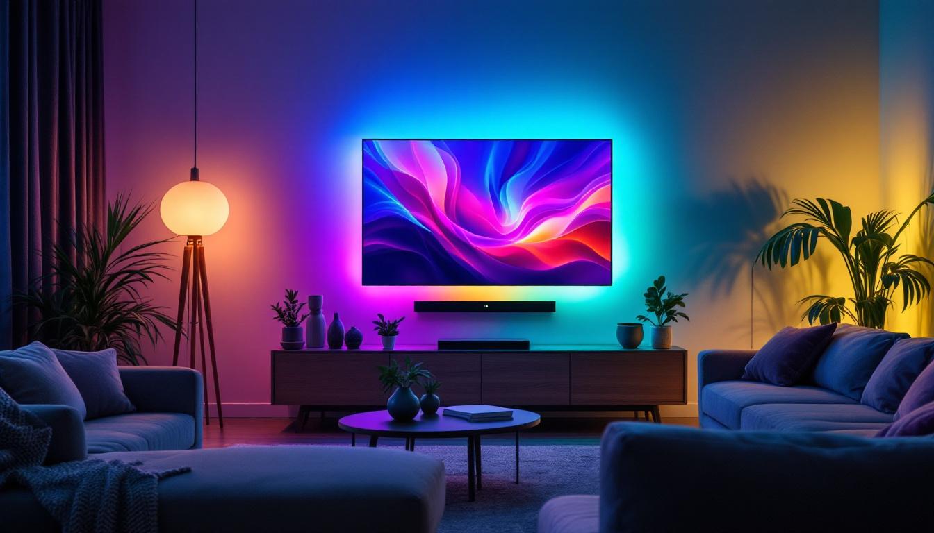A photograph of capture a photograph of a modern living room featuring an interactive led tv with vibrant led lights illuminating the space