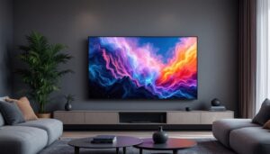 A photograph of a sleek 65-inch touch screen led tv in a modern living room setting
