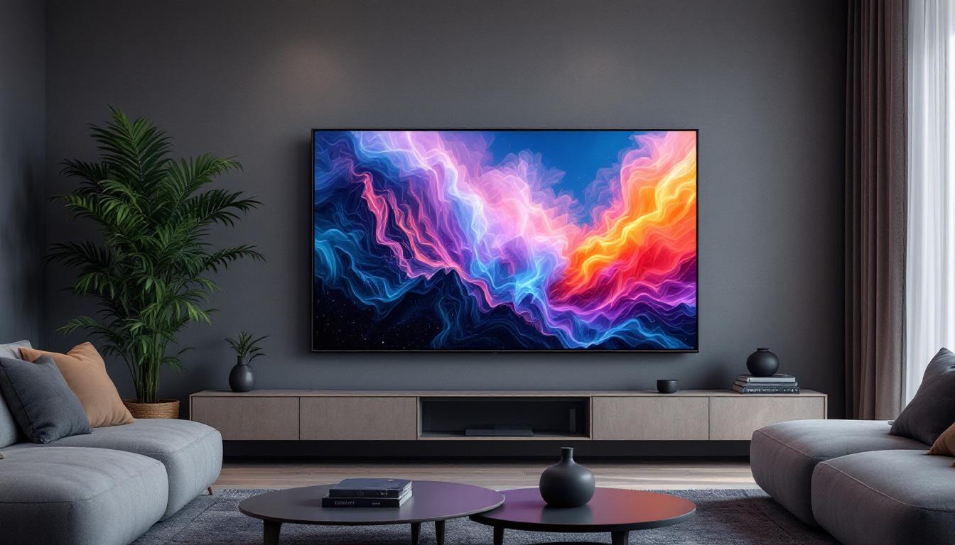 A photograph of a sleek 65-inch touch screen led tv in a modern living room setting