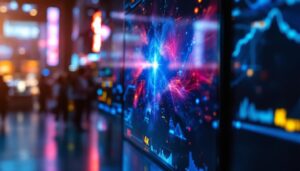 A photograph of a vibrant led display showcasing a stunning 4k video