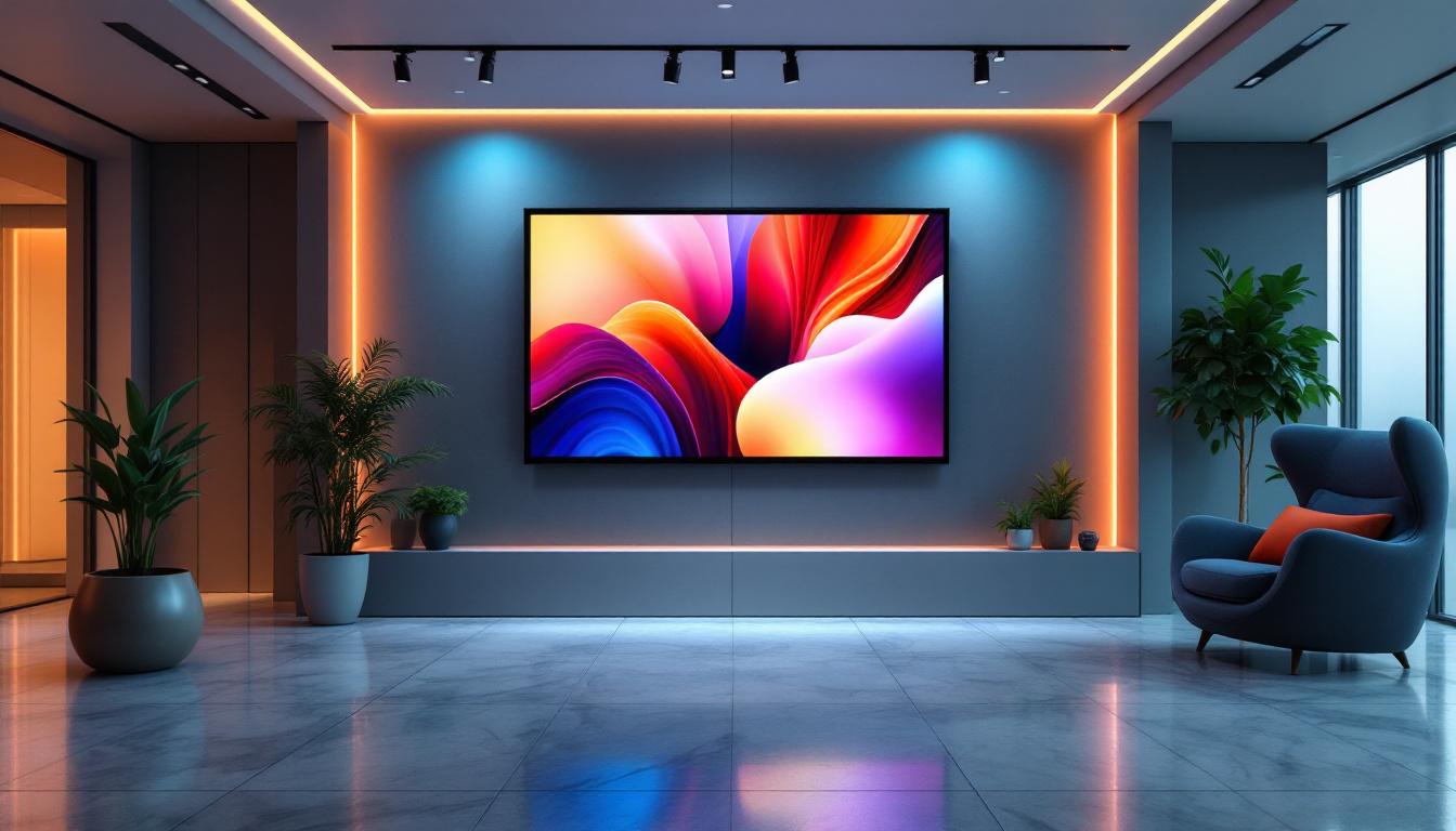 A photograph of a modern indoor space featuring a stylish privacy wall integrated with a vibrant led display