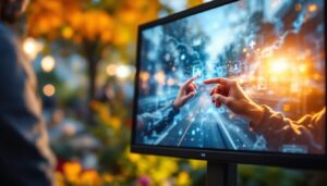 A photograph of capture a photograph of a vibrant outdoor scene featuring a touch monitor displaying dynamic content