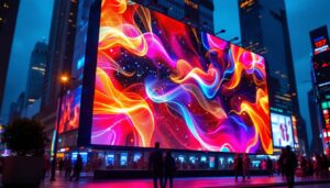 A photograph of a vibrant led display showcasing dynamic visuals and colors