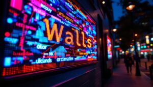 A photograph of a vibrant led display showcasing dynamic visuals or lyrics from the song "walls