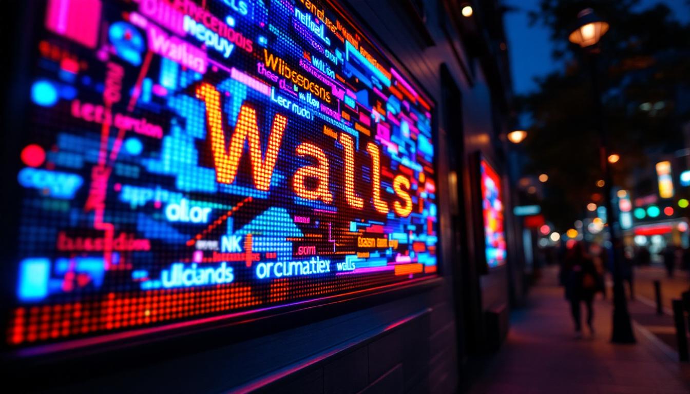 A photograph of a vibrant led display showcasing dynamic visuals or lyrics from the song "walls