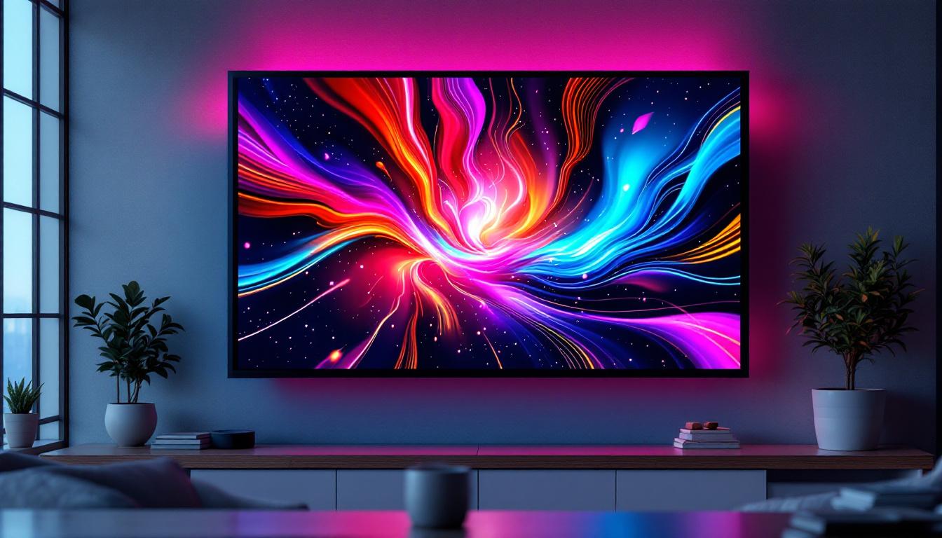 A photograph of a vibrant led display showcasing dynamic visuals and colors