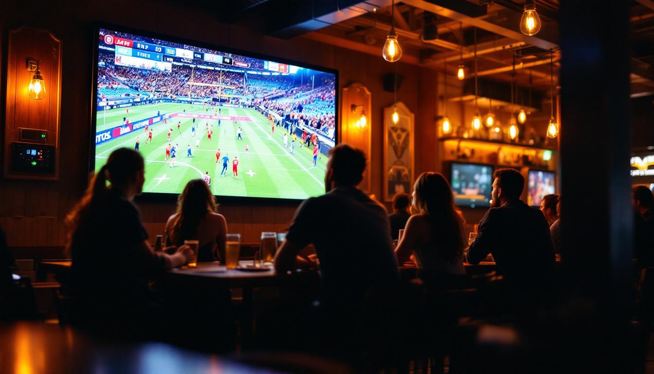 A photograph of capture a photograph of a vibrant brewery interior featuring patrons enjoying their time while watching a sports game on a large led display