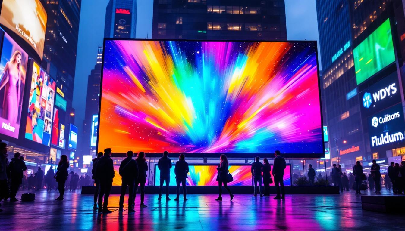 A photograph of a vibrant led display in a bustling urban setting