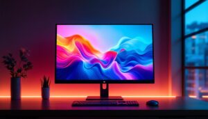 A photograph of a sleek aio pc touchscreen with a vibrant led display