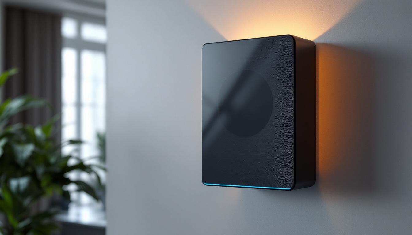 A photograph of a slim wall speaker mounted on a stylish interior wall