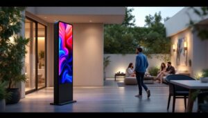 A photograph of a beautifully designed freestanding privacy screen with an integrated led display