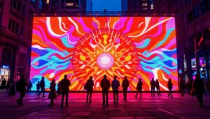 A photograph of capture a photograph of a vibrant led display in a dynamic urban setting