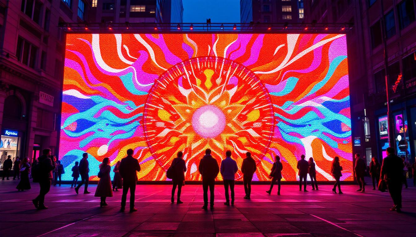 A photograph of capture a photograph of a vibrant led display in a dynamic urban setting