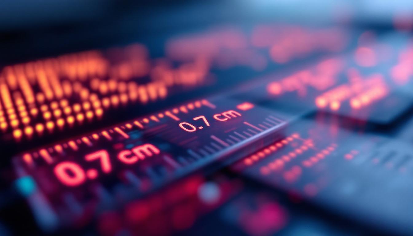A photograph of a close-up shot of a ruler or measuring tape next to an led display