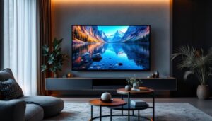 A photograph of a 75-inch led tv set up in a stylish living room environment