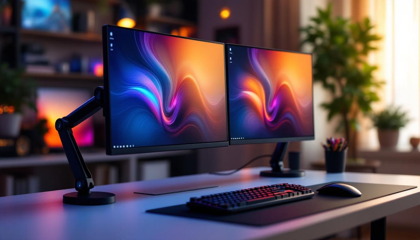 A photograph of a sleek dual computer arm setup featuring an led display