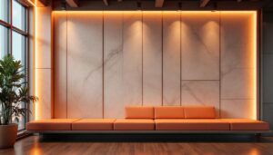 A photograph of a stylish interior featuring panelled walls