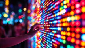 A photograph of a close-up shot of a vibrant led display in action