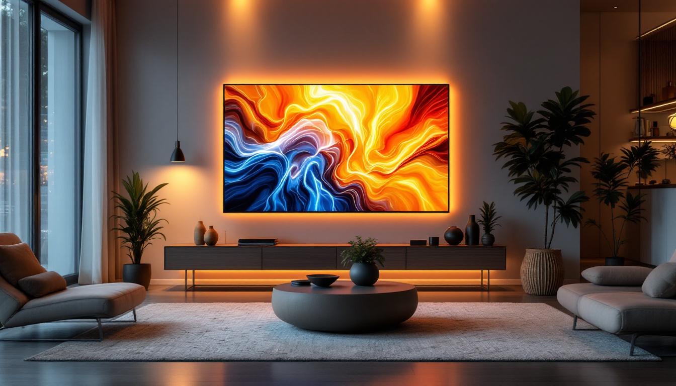 A photograph of a beautifully staged living room featuring a sleek led display as the focal point