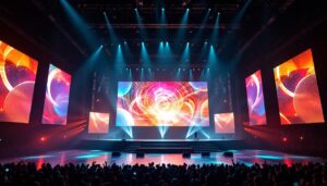 A photograph of a vibrant stage setup featuring a large led display in action