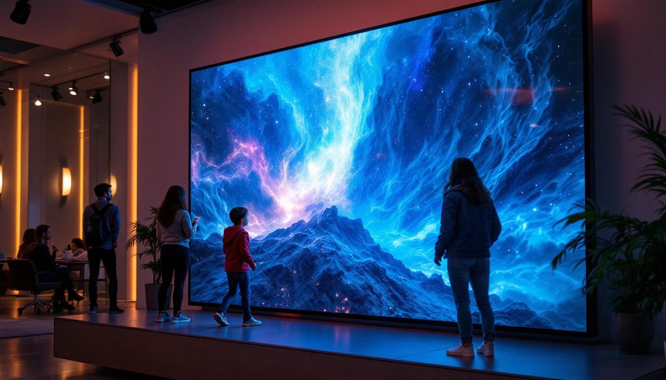 A photograph of a vibrant led display showcasing a dynamic 4k video or image