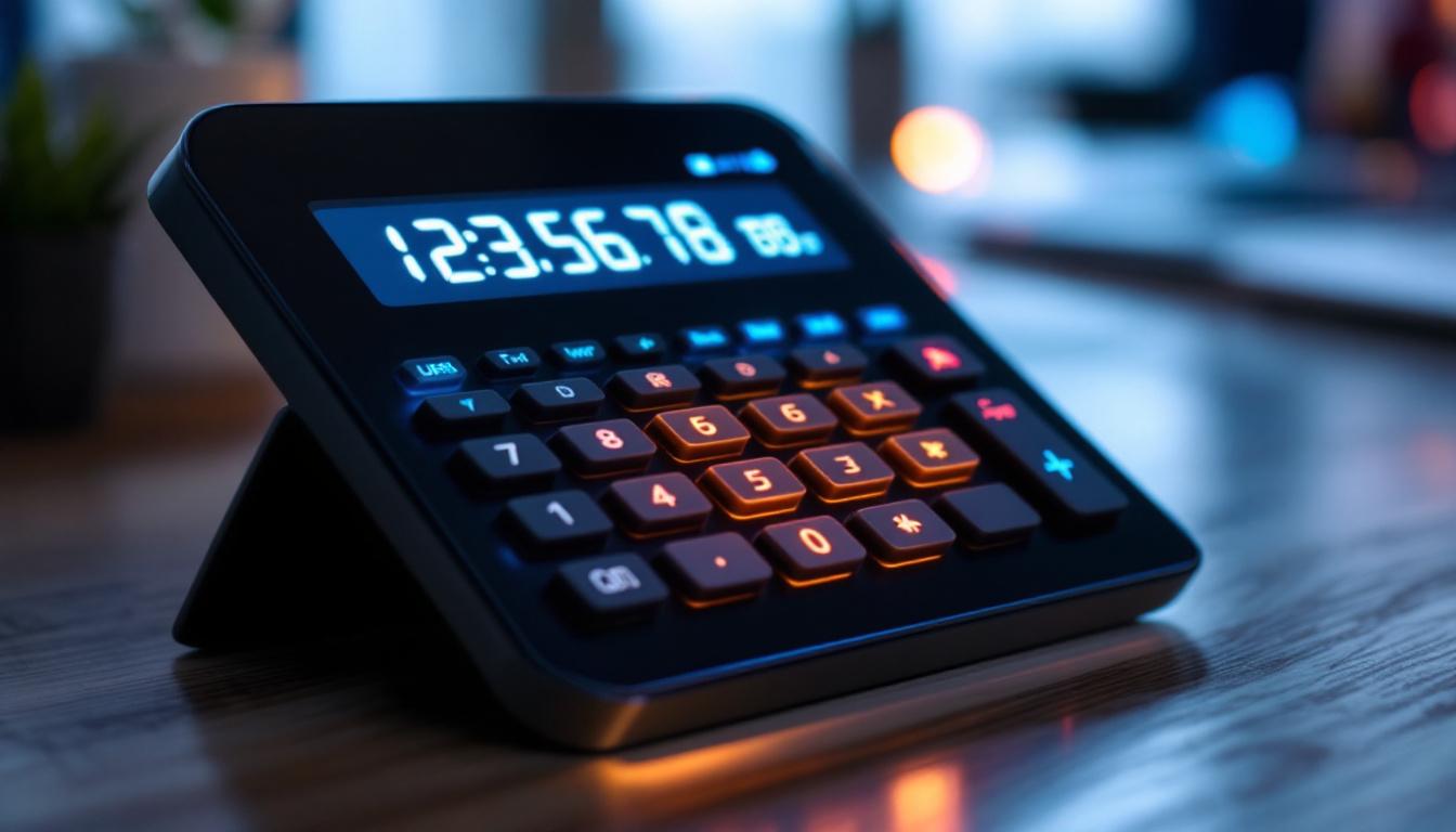 A photograph of a sleek touchscreen calculator with a vibrant led display