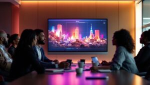 A photograph of a modern conference room featuring a sleek smart board with an led display in use