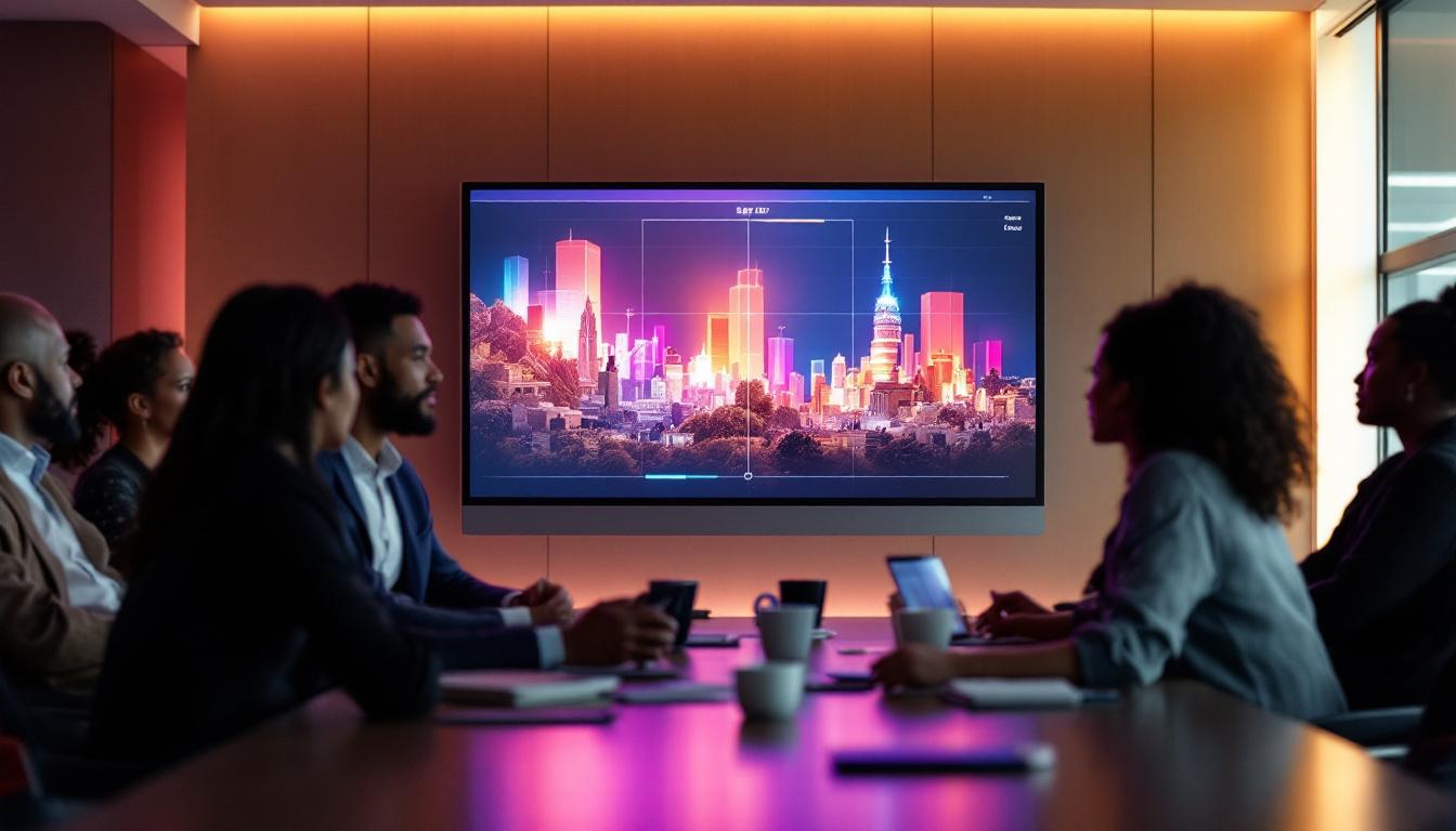A photograph of a modern conference room featuring a sleek smart board with an led display in use