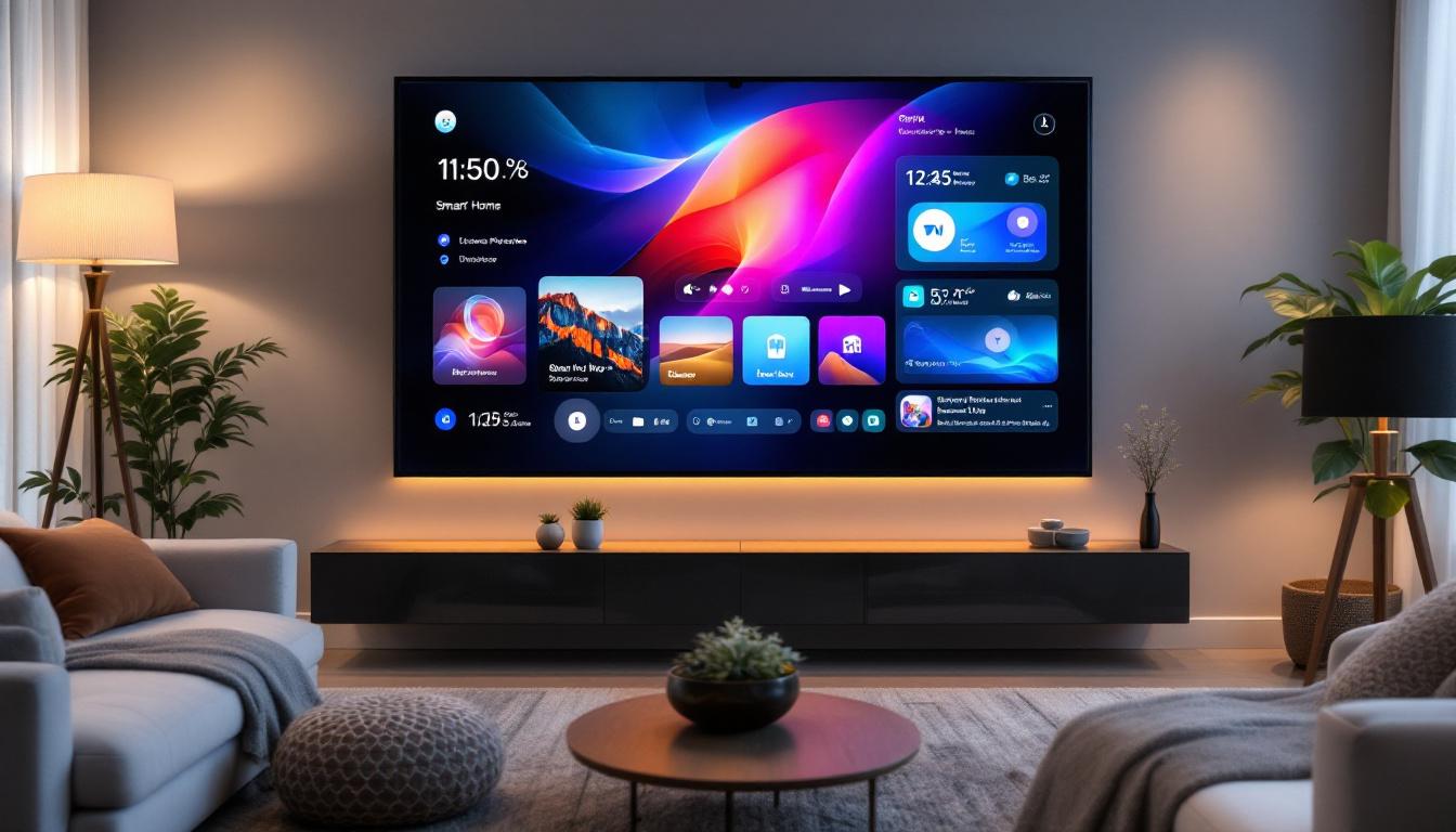A photograph of a modern living room featuring a sleek smart home display wall with vibrant led screens showcasing various smart home interfaces