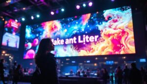 A photograph of a vibrant led display showcasing a dynamic visual or text in a public setting