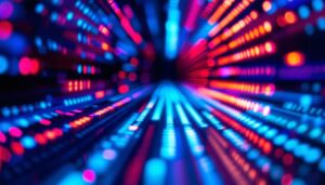 A photograph of a close-up shot of a vibrant led display in a dimly lit environment