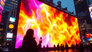 A photograph of a vibrant led display in a bustling urban environment