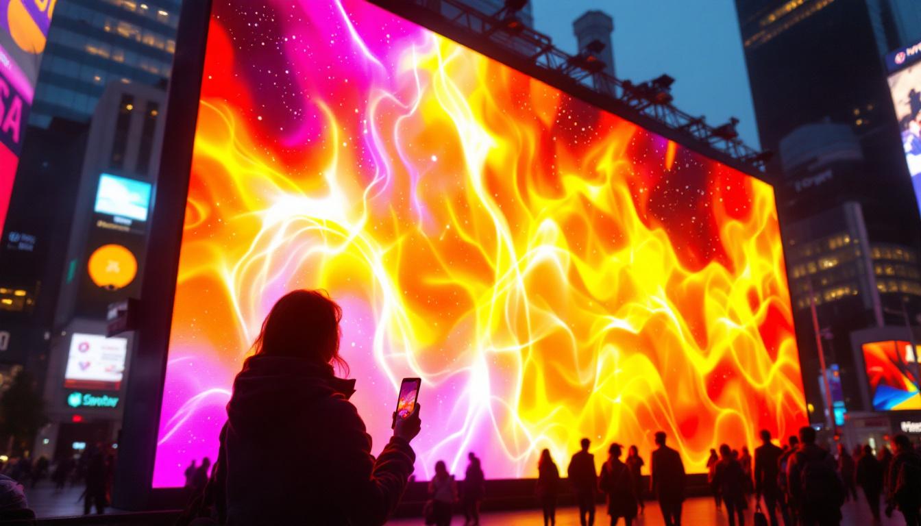 A photograph of a vibrant led display in a bustling urban environment