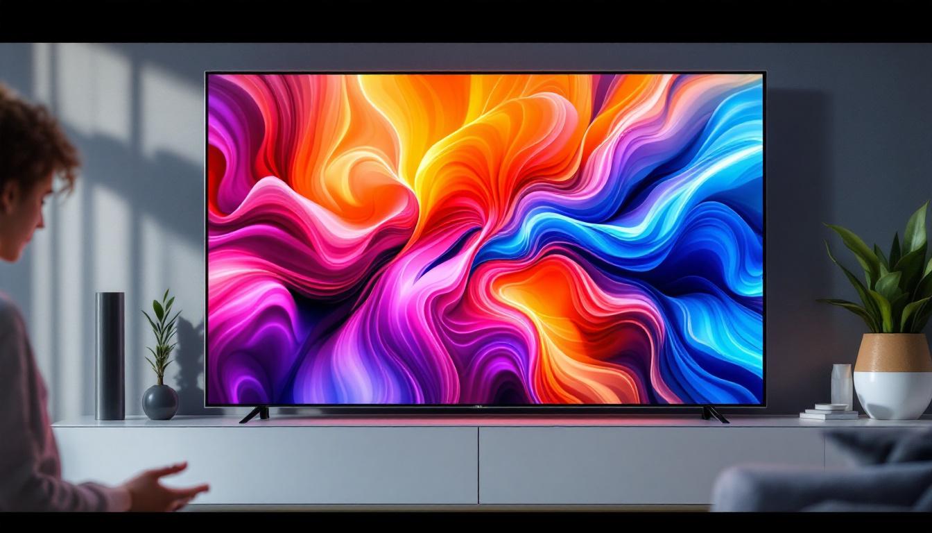 A photograph of a sleek 32-inch touch screen led tv on display in a modern living room setting