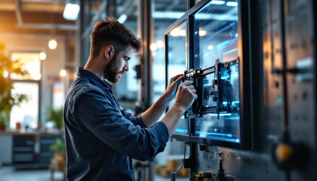 A photograph of a technician skillfully assembling an led display wall mount in a well-lit workspace