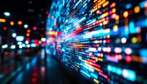 A photograph of a vibrant led display showcasing dynamic visuals or text