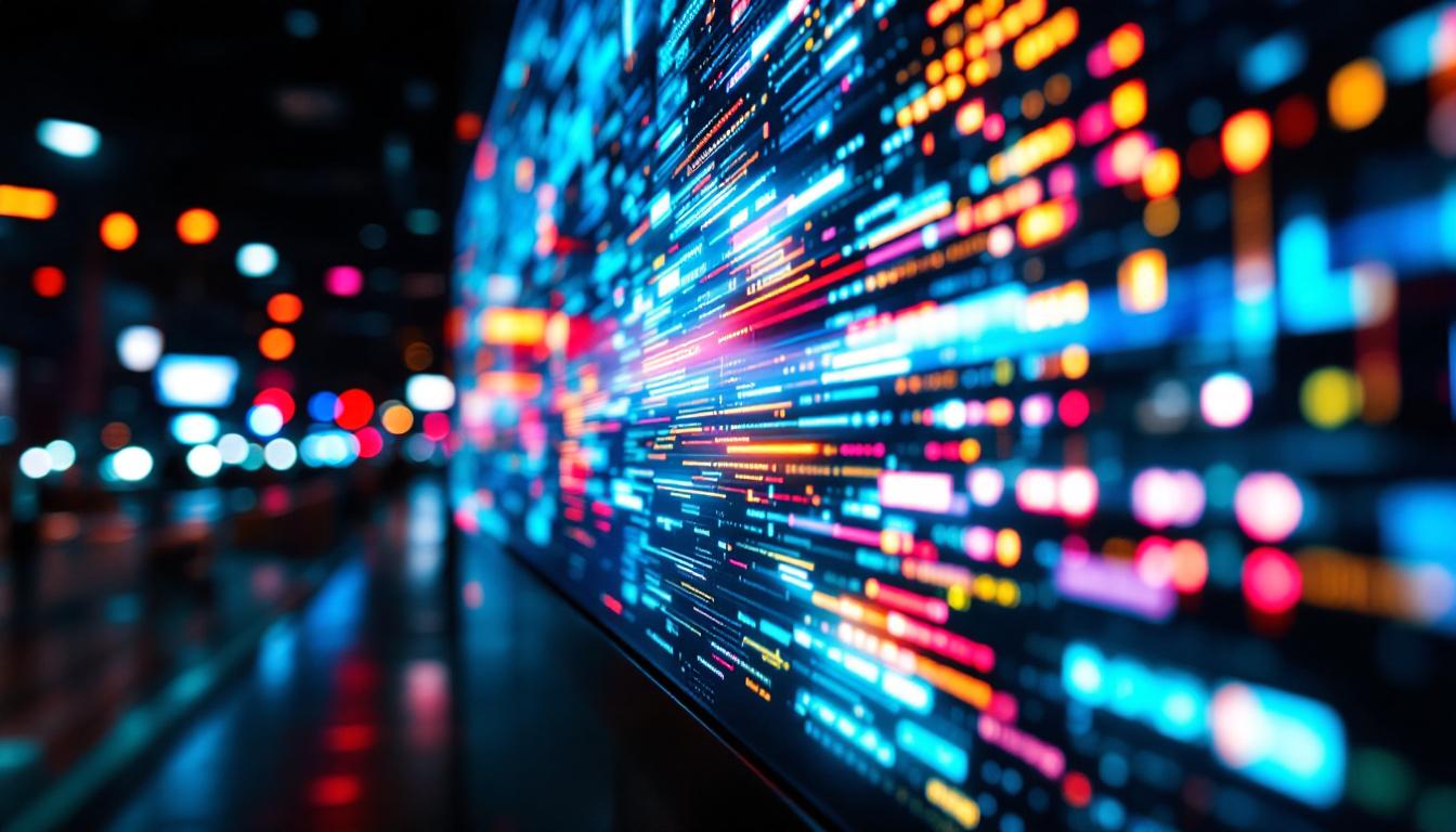 A photograph of a vibrant led display showcasing dynamic visuals or text