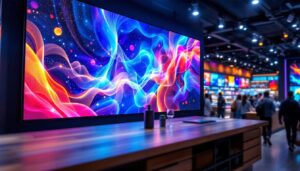 A photograph of a vibrant retail environment showcasing a high-quality led display screen in action