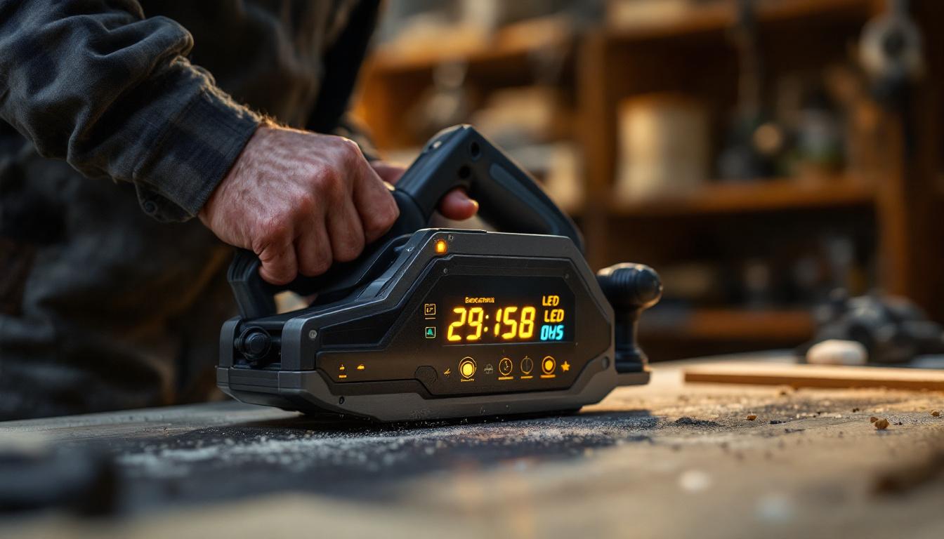 A photograph of a large hand planer prominently displaying its led screen in use